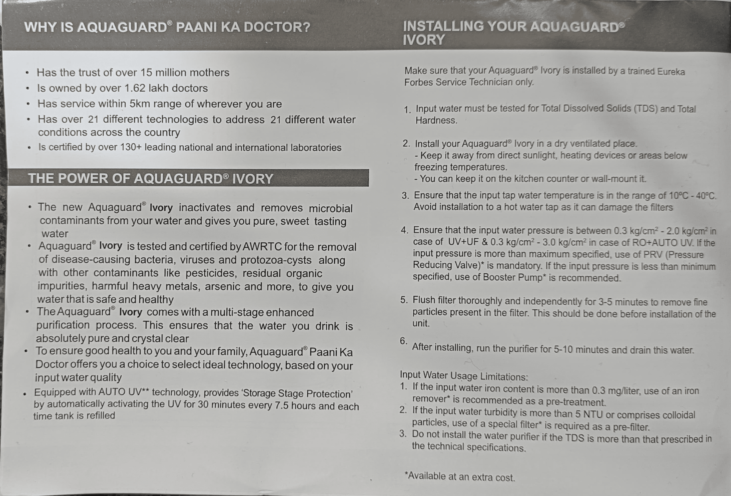 Aquaguard Ivory RO+AUTO UV / UV+UF user manual page 2