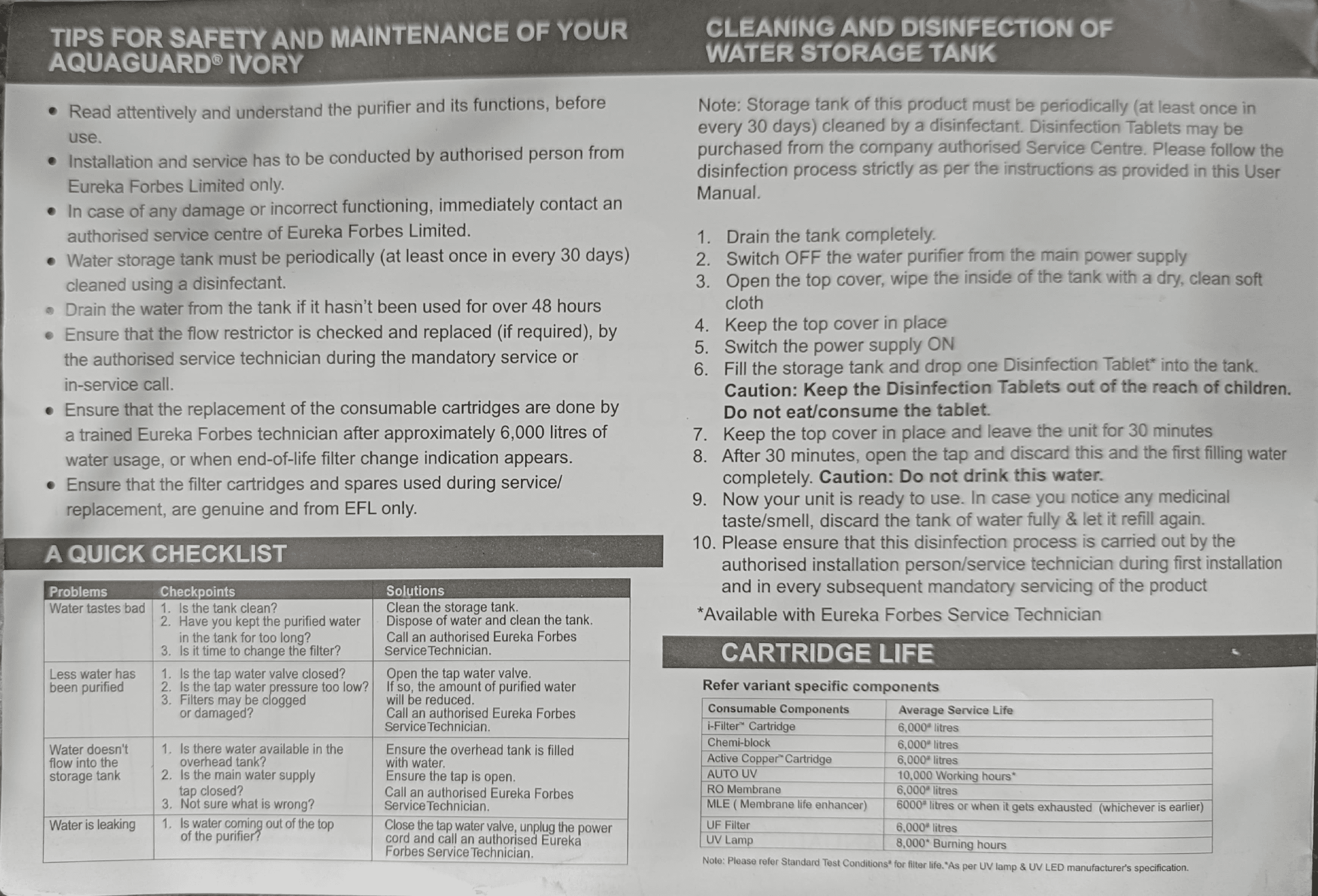 Aquaguard Ivory RO+AUTO UV / UV+UF quick checklist and troubleshooting section