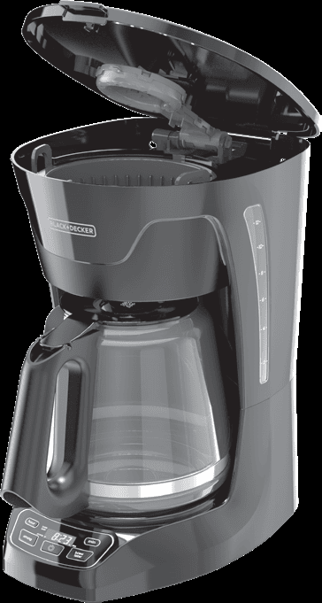 Black+Decker 12-cup coffee maker parts diagram showing water reservoir and carafe