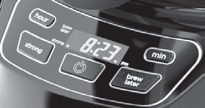 Close-up of the Black+Decker coffee maker control panel, highlighting the Brew Later, Hour, and Min buttons