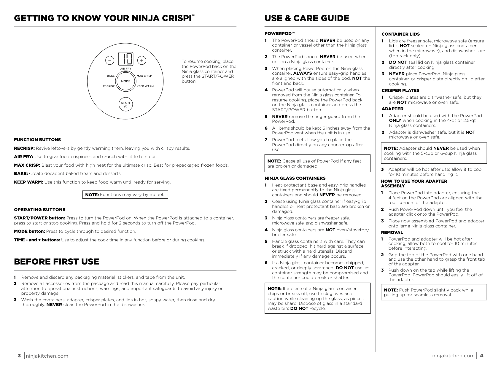 Ninja Crispi diagram showing PowerPod, adapter, and container parts