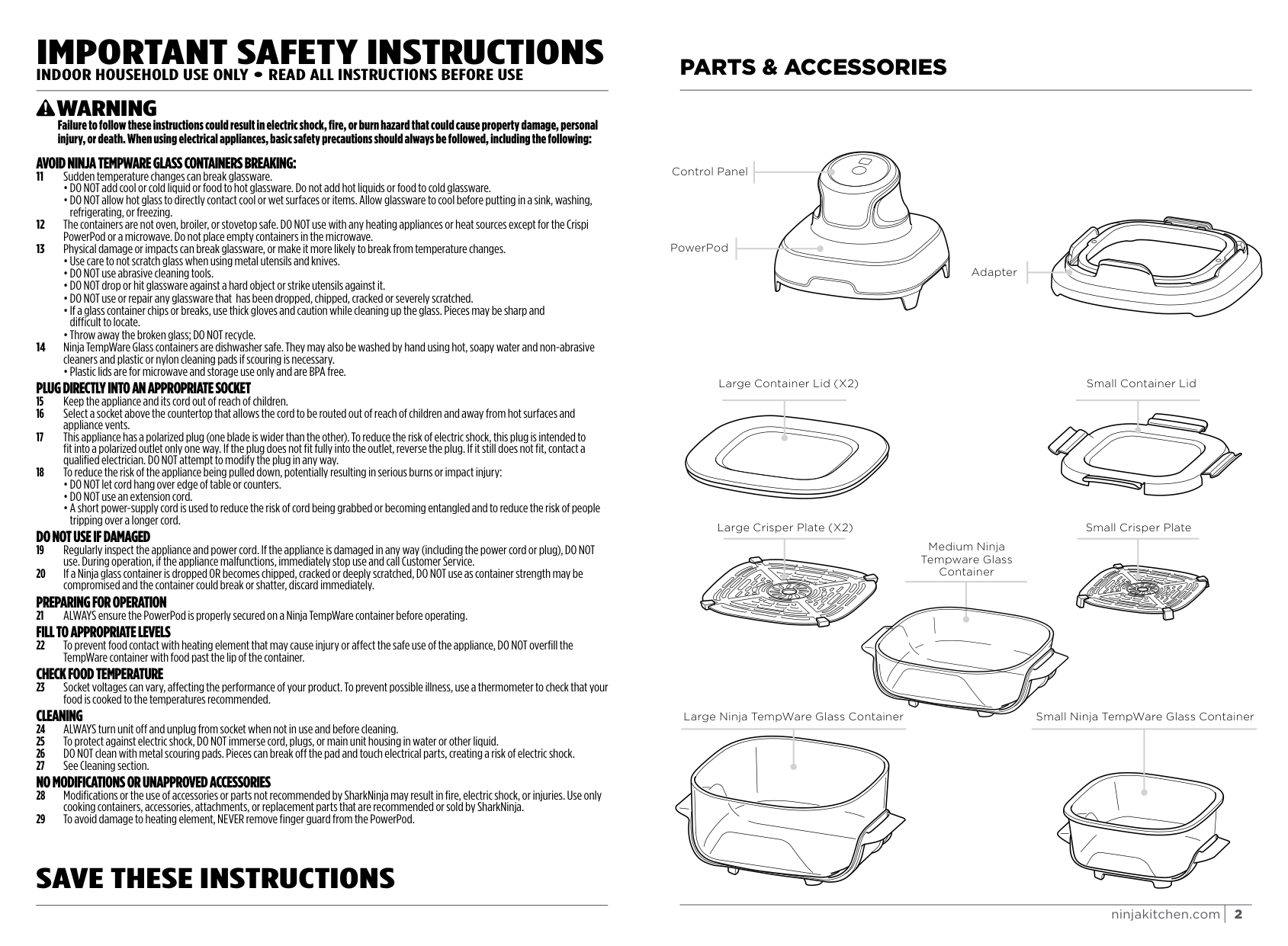 Ninja Crispi parts diagram showing glass containers, PowerPod, adapter, crisper plates, and lids